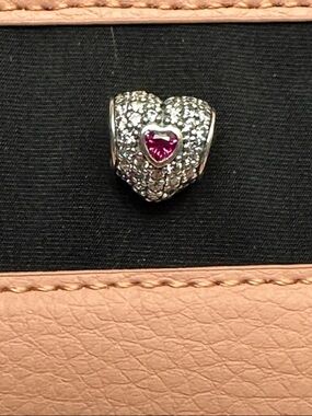 Pandora Silver Heart Charm with Red Center Stone